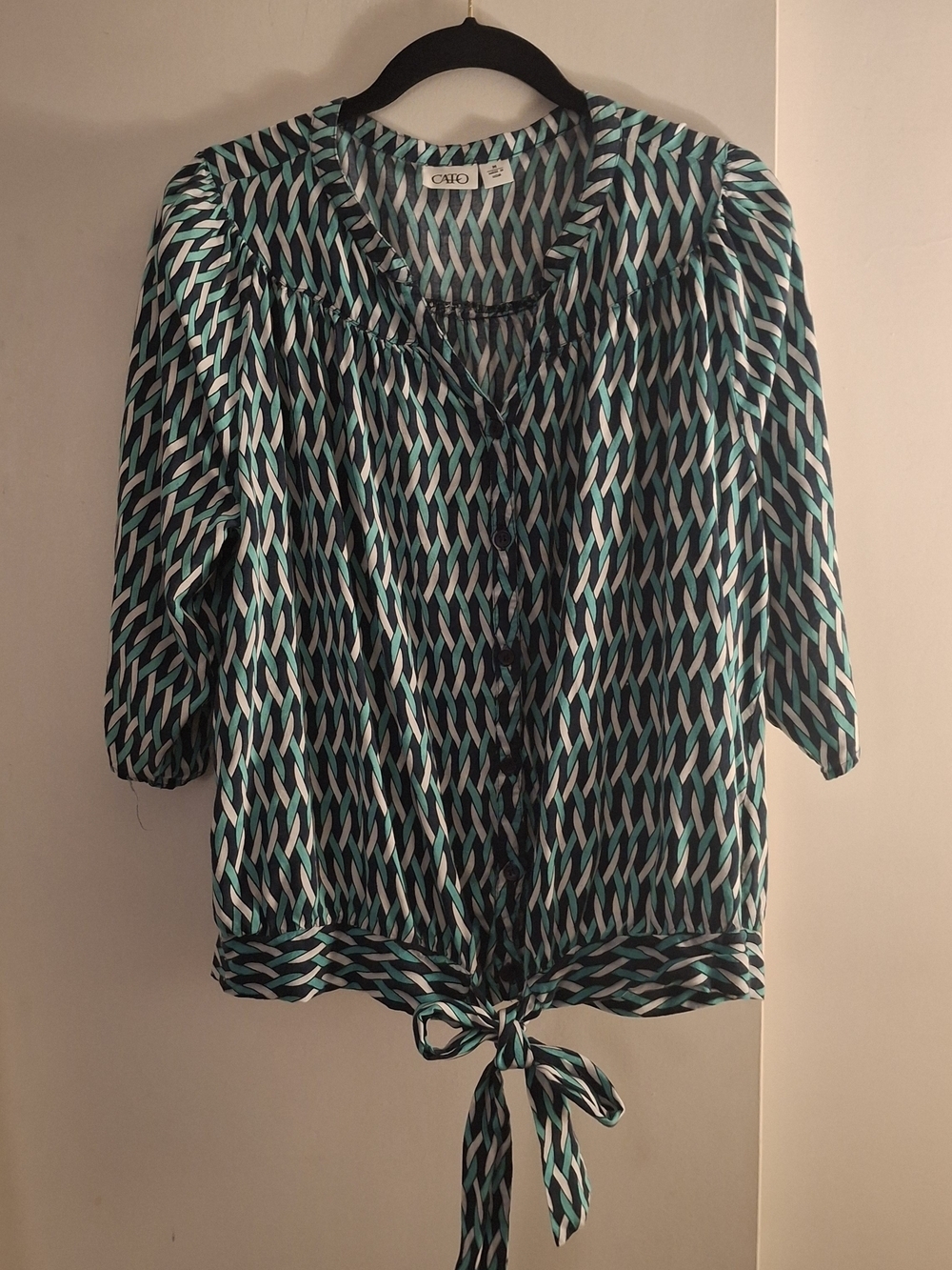 Cato Women's Teal Geometric Tie-Hem Button Front Blouse